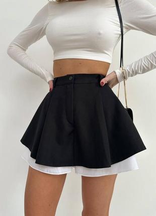 Трендовая стильная юбка-шорты короткая мини на высокой посадке с акцентным белыми вставками коттон