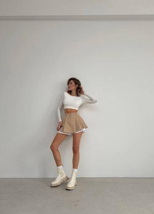 Трендовая стильная юбка-шорты короткая мини на высокой посадке с акцентным белыми вставками коттон6 фото