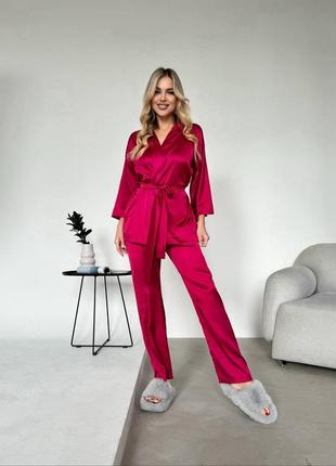 Пижама комплект костюм для дома штани и халат с поясом шёлк армани2 фото