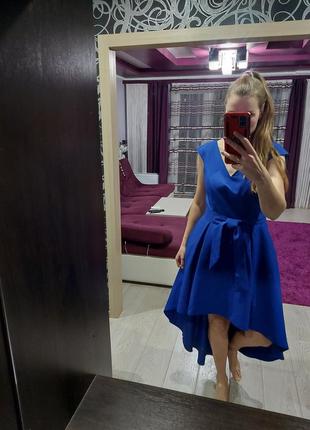 Шикарное, нарядное платье со шлейфом синего цвета a&a, польша 44-46
