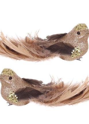 Декоративний птах на кліпсі 17см з декором з гліттера, 2 дизайни, колір - коричневий із золотом rm7-435 залишок