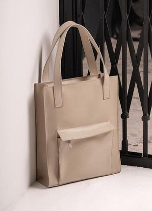 Шкіряна жіноча сумка шоппер бетсі з кишенею світло-бежева краст