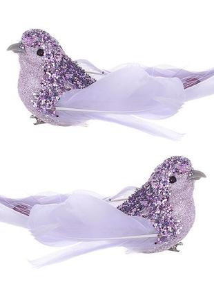 Декоративний птах на кліпсі 16см з декором з гліттера та перлів, 2 дизайни, колір - блідо-бузковий rm7-439 залишок
