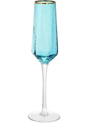 Набір 4 фужери monaco ice келихи для шампанського 200 мл, скло блакитного льоду із золотим кантом