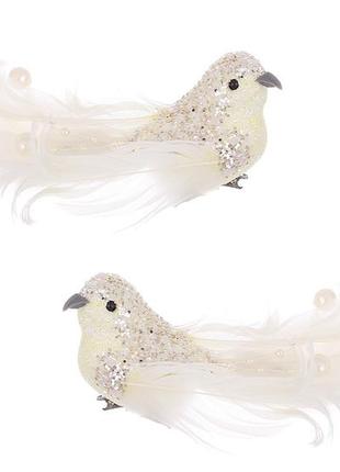Декоративний птах на кліпсі 16см з декором з гліттера та перлів, 2 дизайни, колір - блідо-жовтий rm7-438 залишок