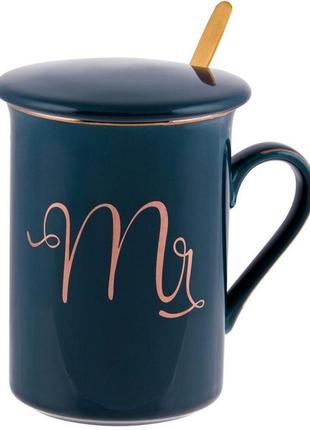 Кружка фарфоровая coffee prelude "mr" 380мл с крышкой и ложкой, синяя
