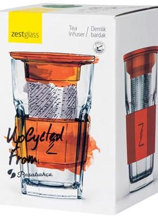 Склянка-заварник zestglass original 415 мл з металевим ситечком і силіконовим захистом (жовтогарячий)4 фото