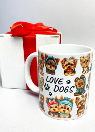 Чашка белая керамическая с милыми креативными рисунками собак и надписью love dogs 330 мл в подарочной коробке