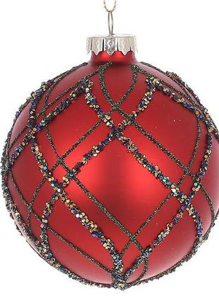 Ялинкова куля з декором із гліттера 8см, колір - червоний матовий rm7-482 залишок