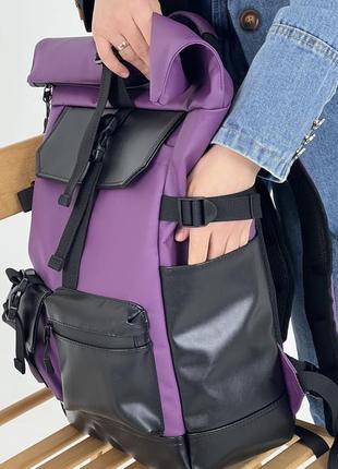 Жіночий рюкзак ролтоп для ноутбука rolltop для подорожей фіолетового кольору з екошкіри6 фото