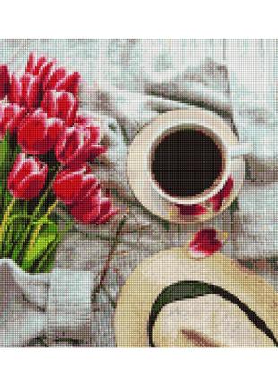 Алмазна мозаїка "чашка кава та рожеві тюльпани" brushme dbs1048 40х50 см 0201 топ!