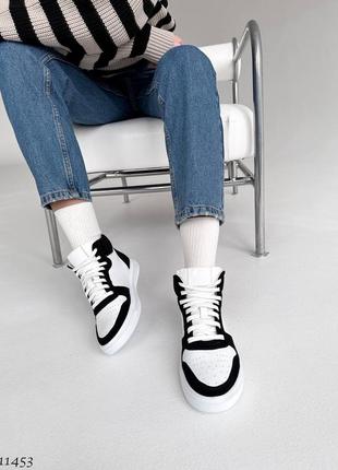 Черно белые черные натуральные кожаные замшевые высокие кроссовки кеды хайтопы на толстой подошве с перфорацией кожа замш2 фото