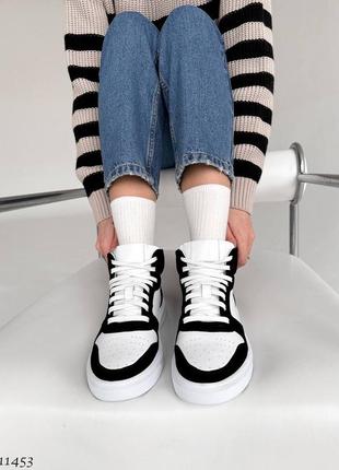 Черно белые черные натуральные кожаные замшевые высокие кроссовки кеды хайтопы на толстой подошве с перфорацией кожа замш10 фото