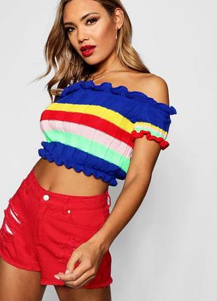 Вязаный топ boohoo на плечи rainbow stripe ruffle bardot crop jumper1 фото