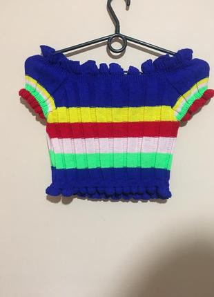 В'язаний топ boohoo на плечі rainbow stripe ruffle bardot crop jumper5 фото