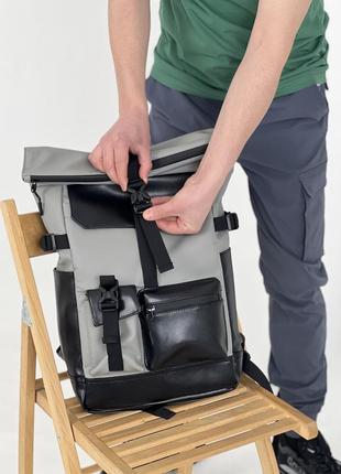 Рюкзак роллтоп для ноутбука rolltop для путешествий серого цвета из экокожи5 фото