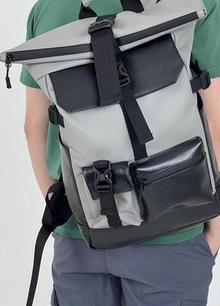 Рюкзак роллтоп для ноутбука rolltop для путешествий серого цвета из экокожи4 фото