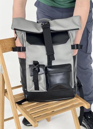 Рюкзак роллтоп для ноутбука rolltop для путешествий серого цвета из экокожи9 фото