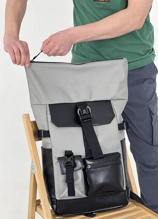 Рюкзак роллтоп для ноутбука rolltop для путешествий серого цвета из экокожи8 фото