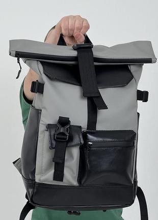Рюкзак роллтоп для ноутбука rolltop для путешествий серого цвета из экокожи10 фото
