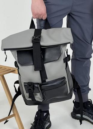Рюкзак ролтоп для ноутбука rolltop для подорожей сірого кольору з екошкіри2 фото