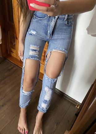 Новые джинсы скинни на высокой талии рваные с дырками высокая посадка boohoo оригинал3 фото
