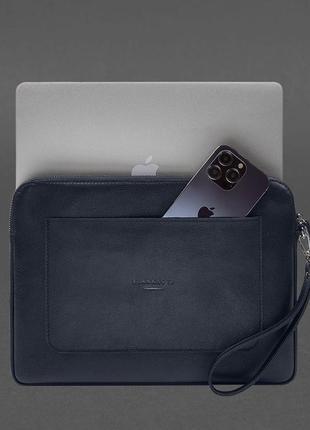 Кожаный чехол для ноутбука на молнии с карманом и хлястиком на руку синий1 фото