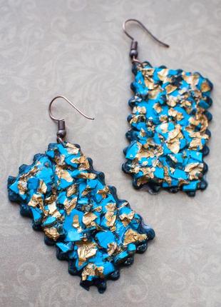 Серьги бирюз полимер золот поталь чёрн бохо этно hand подвески лёгкие