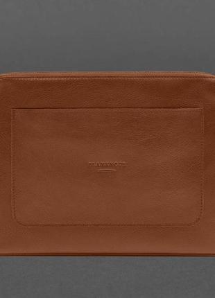 Кожаный чехол для ноутбука на молнии с карманом и хлястиком на руку светло-коричневый2 фото