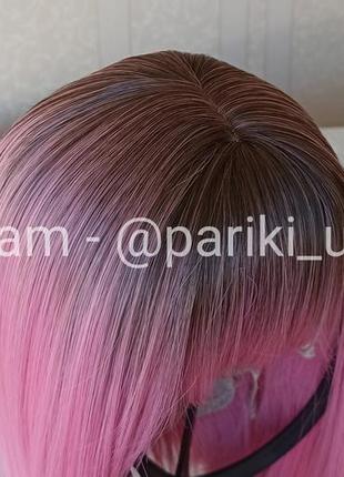 Коротка рожева перука, каре, з чубчиком, термостійка, парик4 фото