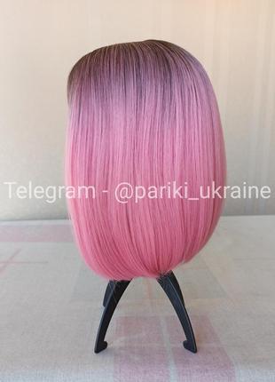 Коротка рожева перука, каре, з чубчиком, термостійка, парик3 фото