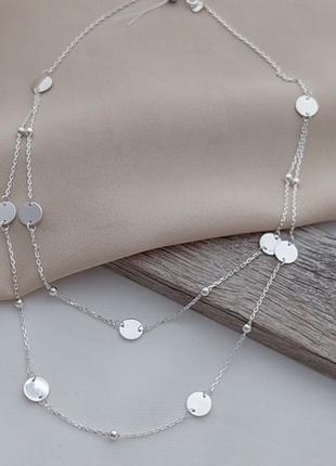 Кольє срібне подвійне ланцюжок з підвісками монетками та срібними намистинами