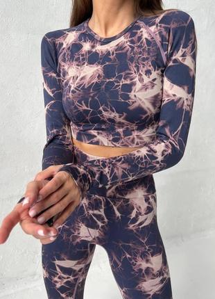 Фітнес-костюм жіночий marble мармуровий (рашгард, легінси) чорничний безшовний тай-дай з пуш-ап ефектом (двійка)