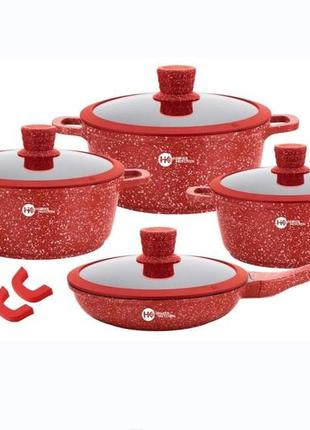 Набор кастрюль с антипригарным гранитным покрытием и сковородой higher kitche 10 предметов нк 324 красный