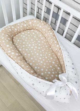 Кокон - гнездышко для новорожденного съемным матрасиком - бежево-серый стандартный - 88х55х12см4 фото