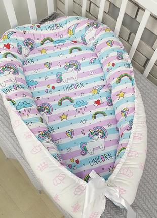 Кокон - гнездышко для новорожденного съемным матрасиком - единорог на радуге - 88х55х12см4 фото