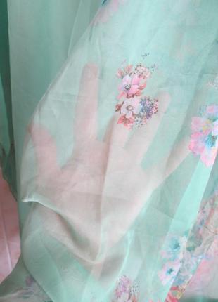 Бесподобная воздушная пляжная накидка парео туника мятного цвета в цветочный принт.6 фото