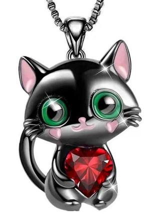 Цепочка с кулоном милый черный котик с красным сердечком фианитом зелеными глазками