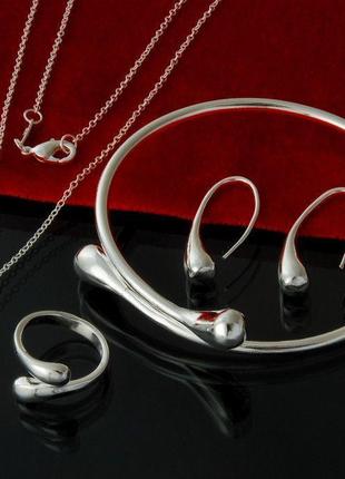 Комплект прикрас "крапля" ланцюжок з кулоном, сережки, каблучка і браслет, покриті сріблом4 фото