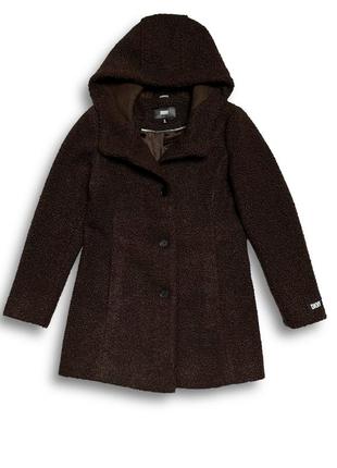 Dkny donna karan xs-s букле пальто с капюшоном коричневое тедди