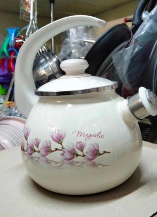 Чайник эмалированный кухонный 2.5л ободком и свистком цветы1 фото