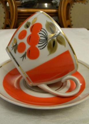 Чайная двойка ветка рябины ручная роспись фарфор ссср полонне )))