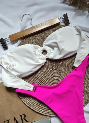 Збірний купальник яскравий купальник неонові високі плавки рожеві трусики та білий ліф бандо верх2 фото