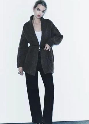 Графітове шерстяне пальто в стилі піджак з поясом ,кардиган-пальто з нової колекції zara розмір м можна на l