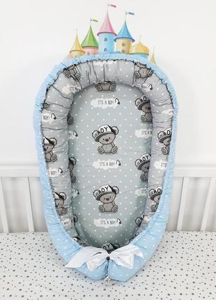 Кокон - гнездышко для новорожденного съемным матрасиком - медвежата boy серо-голубые - 88х55х12см1 фото