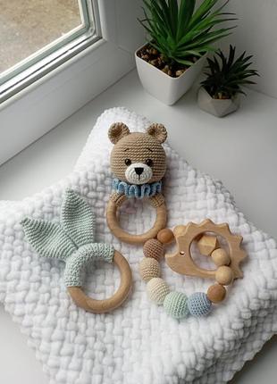 Набір для немовляти, в'язана іграшка ведмедик, брязкальце, гризунок, подарунок для новонароджених