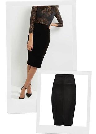 Базовая черная бархатная юбка карандаш с разрезом миди высокая посадка