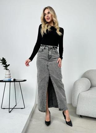 Трендовая длинная джинсовая юбка макси с разрезом9 фото