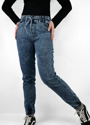 Джинсовые джоггеры, стрейчевые джинсы на манжете, синие джинсы варенки, джеггинсы варенки р 42-544 фото