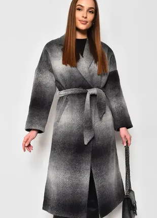 Стильное шерстяное длинное пальто с принтом с поясом утепленное